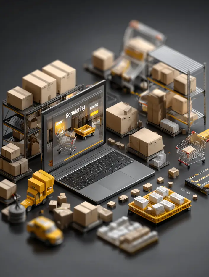 A complex image depicting an e-commerce shop that is interconnected to many devices.