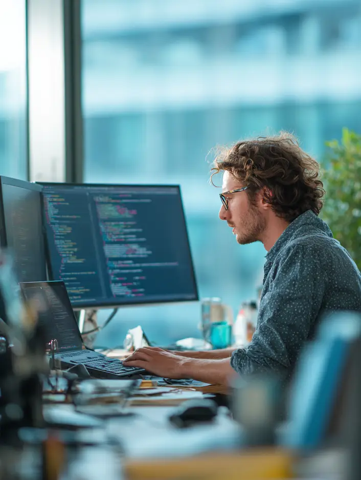A web developer working on his laptop surrounded by many technical icons.